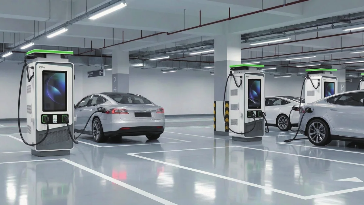 Flera snabbladdare som laddar elbilar i ett parkeringsgarage
